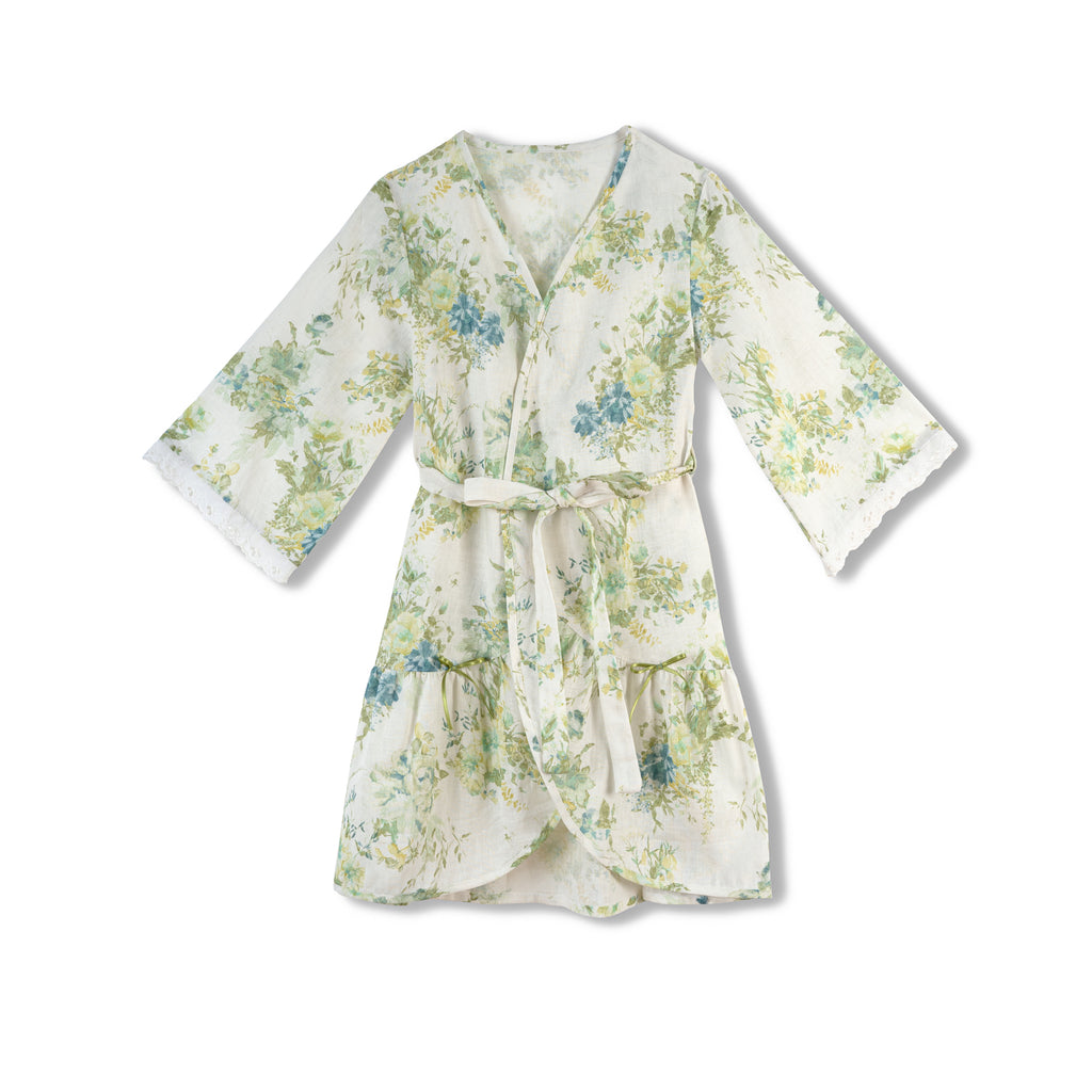 MILA KIDS’ LINEN DRESSING GOWN, GREEN FLOWERS